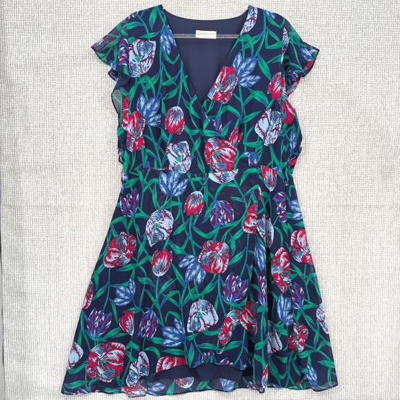 Vintage Floral Wrap Dress Sz 2X Flutter Sleeve V Neck‎ Navy Blue Fairy Cottage - Picture 1 of 13